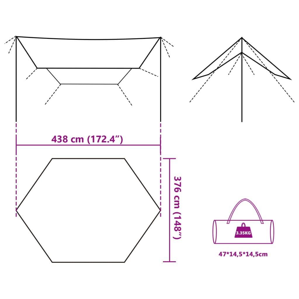 vidaXL Ponjava za kampiranje olivno zelena 438x376x212 cm vodoodporna