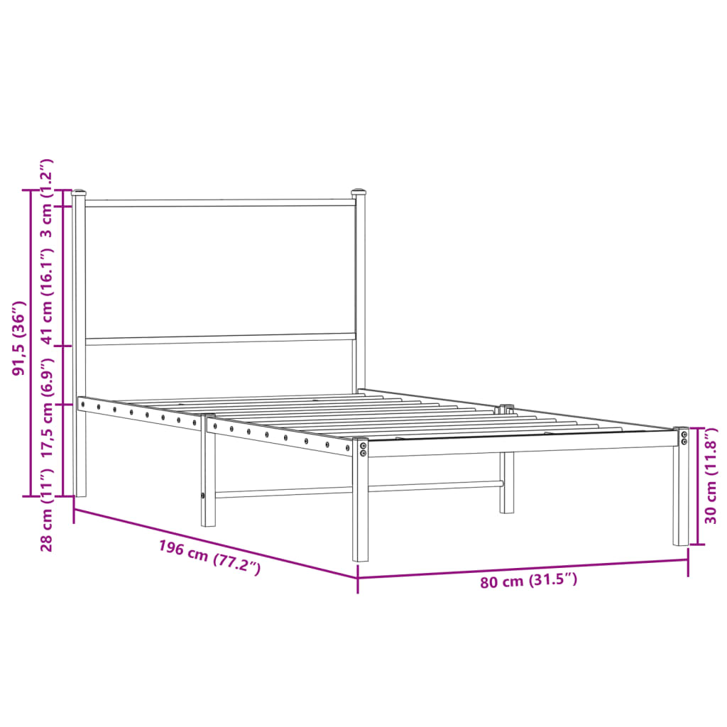 vidaXL Kovinski posteljni okvir brez vzmetnice dimljen hrast 75x190 cm