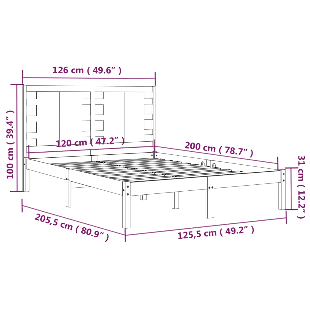 vidaXL Posteljni okvir črn iz trdne borovine 120x200 cm