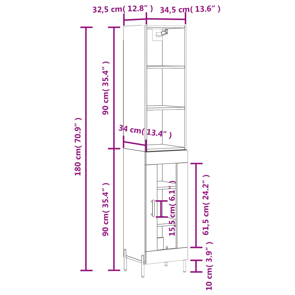 vidaXL Visoka omara visok sijaj bela 34,5x34x180 cm inženirski les