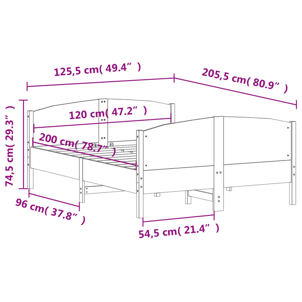 vidaXL Posteljni okvir brez vzmetnice bel 120x200 cm trdna borovina