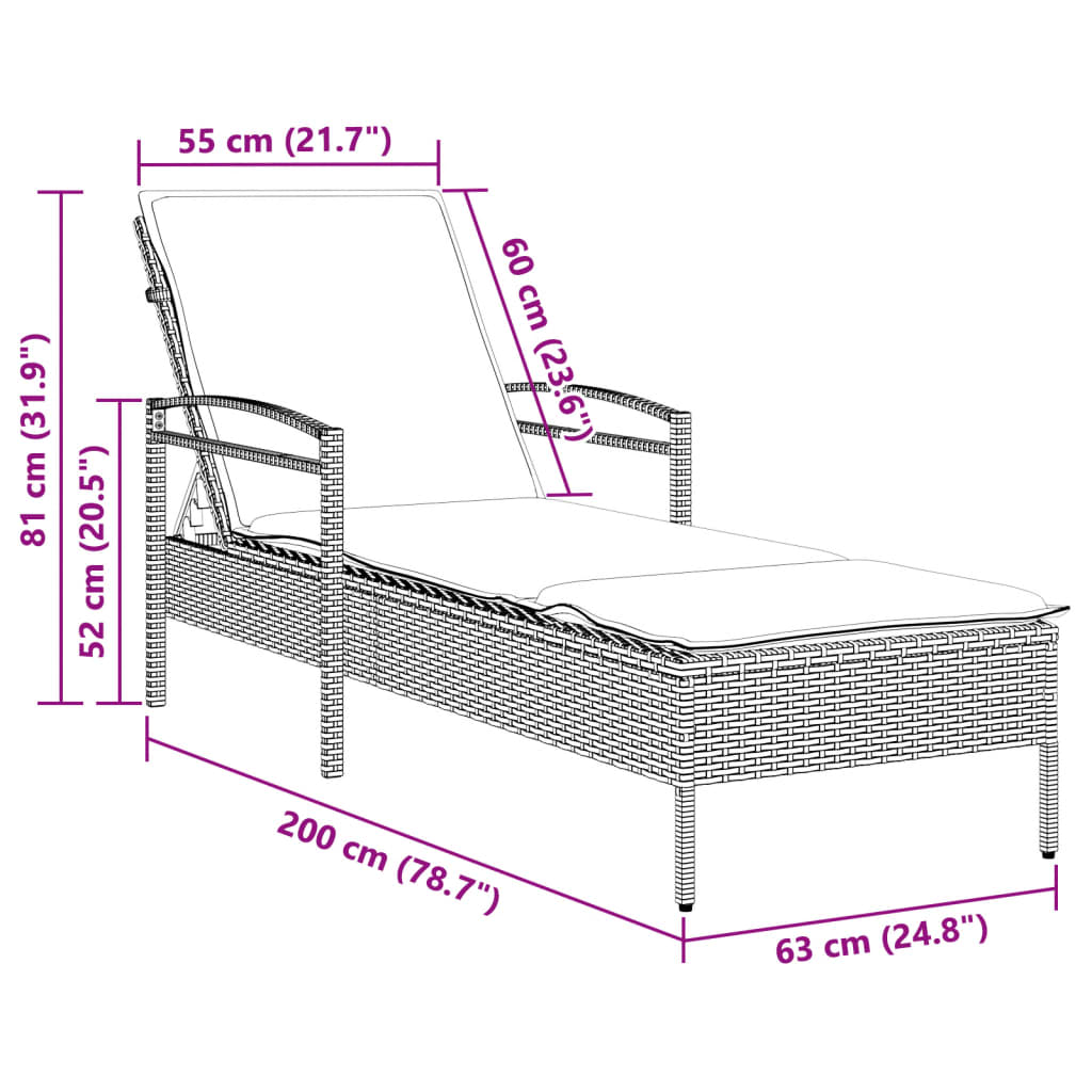 vidaXL Ležalnik z blazino črn 63x200x81 cm poli ratan