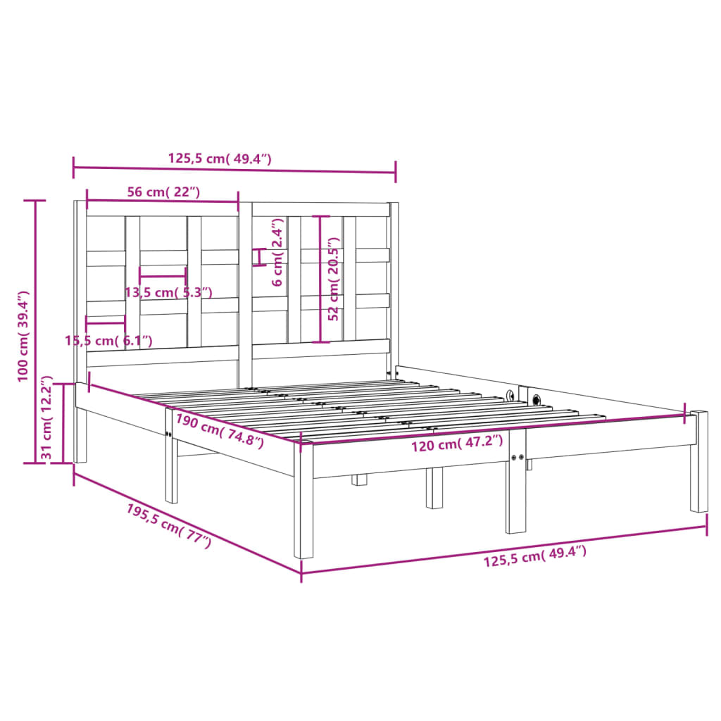 vidaXL Posteljni okvir iz trdnega lesa 120x190 cm