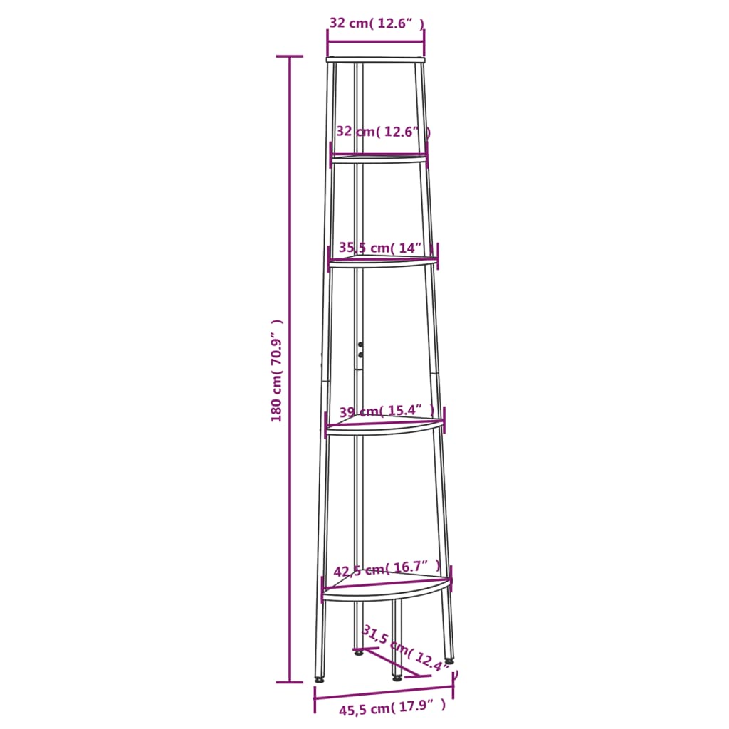 vidaXL 5-nadstropni kotni regal črn 45,5x31,5x180 cm