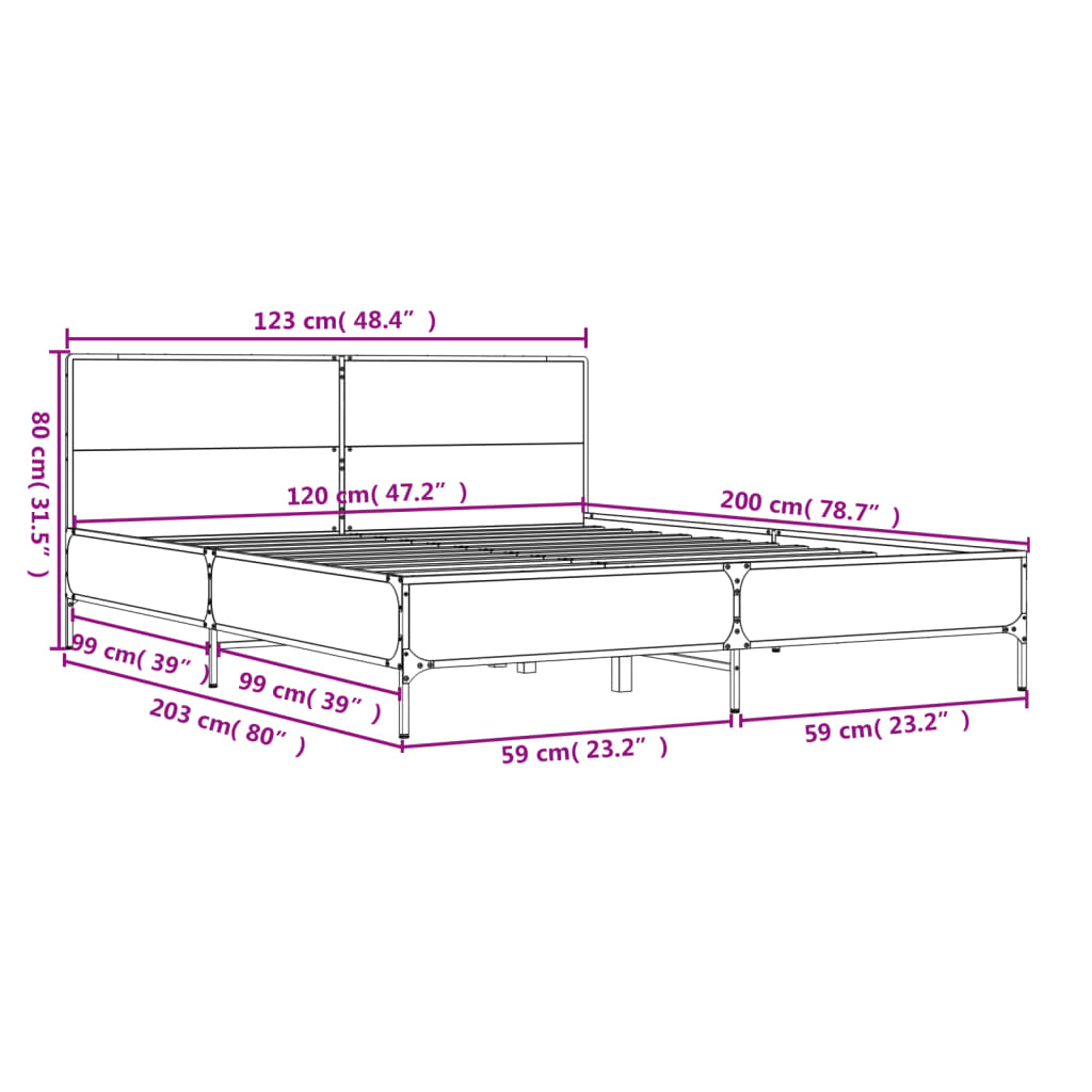 vidaXL Posteljni okvir rjav hrast 120x200 cm inženirski les in kovina