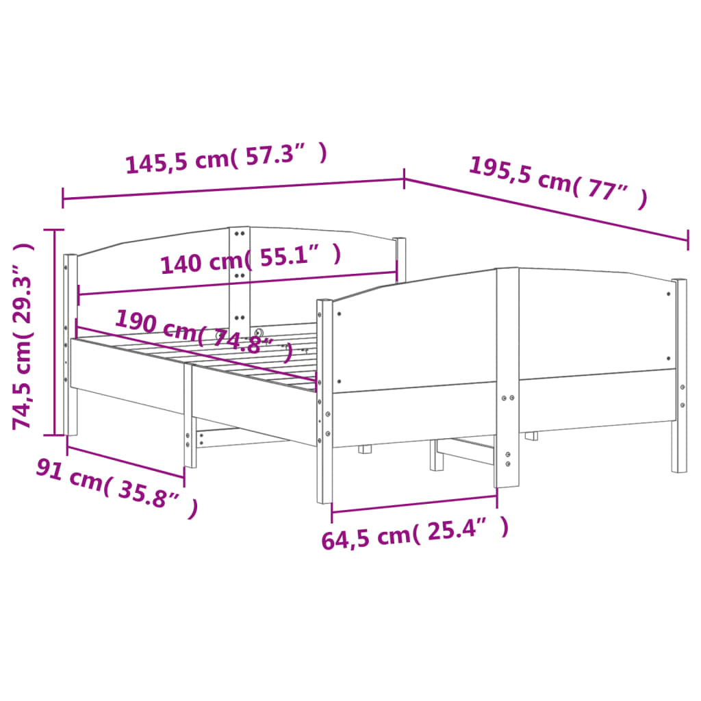 vidaXL Posteljni okvir brez vzmetnice 140x190 cm trdna borovina