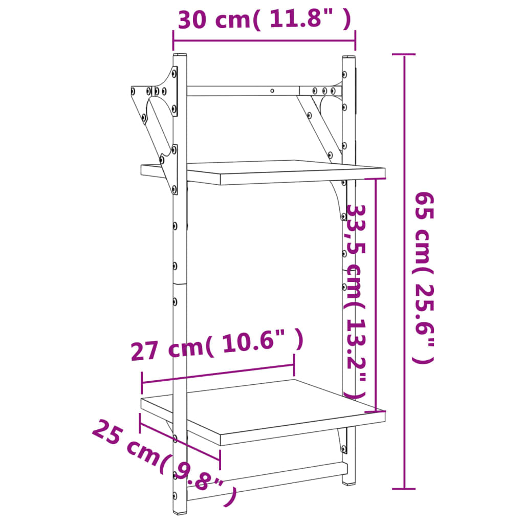 vidaXL Stenske police s prečkami 2 kosa dimljen hrast 30x25x65 cm