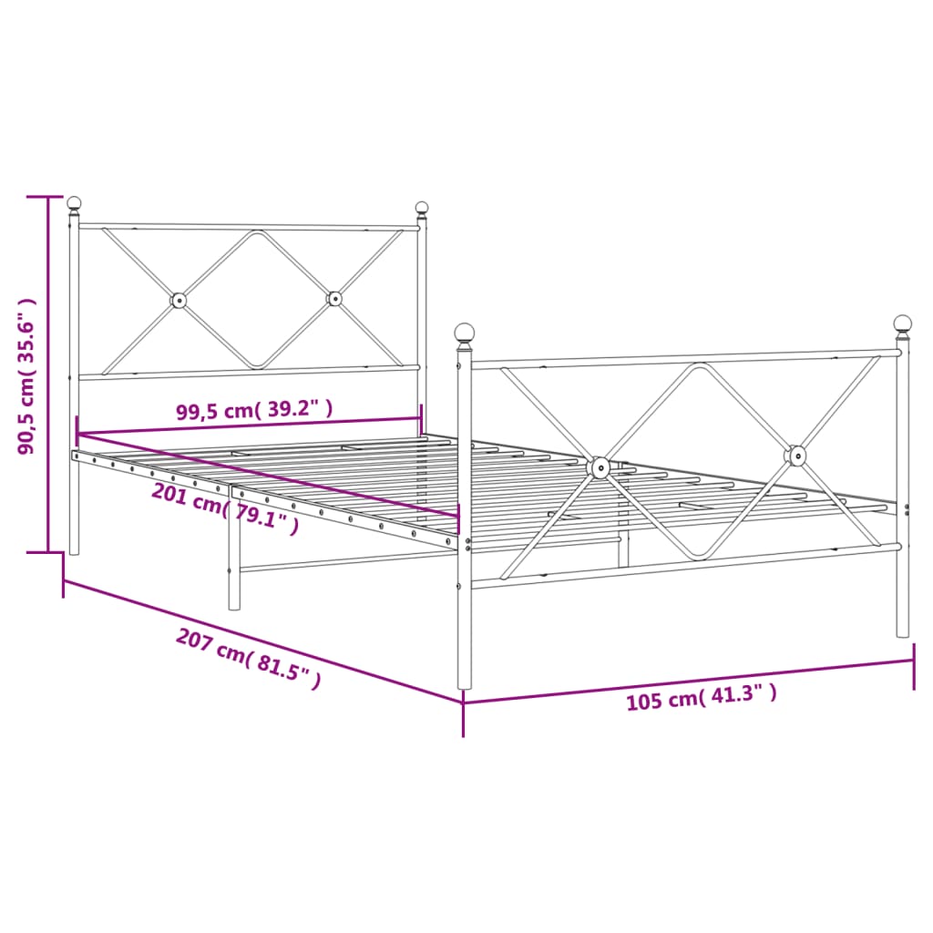 vidaXL Kovinski posteljni okvir z vzglavjem in vznožjem bel 100x200 cm