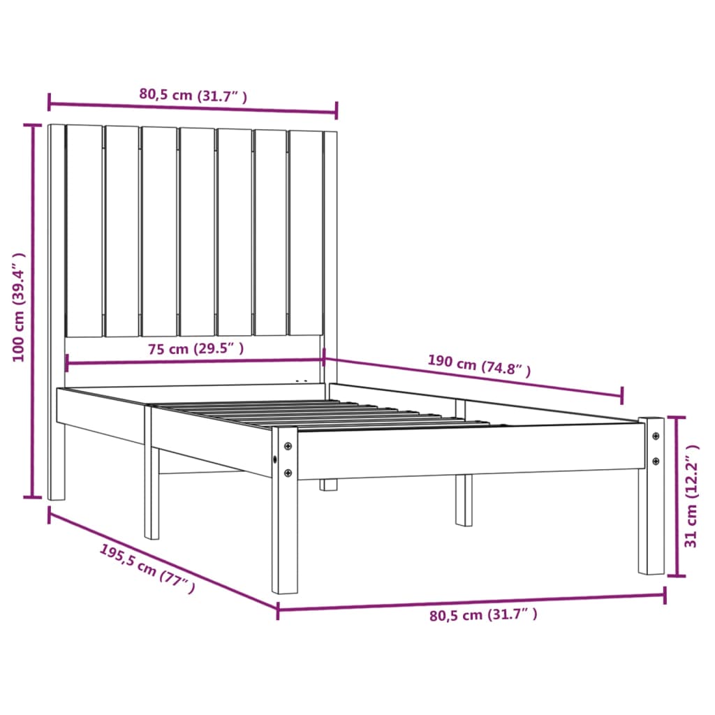 vidaXL Posteljni okvir medeno rjav iz trdnega lesa 75x190 cm