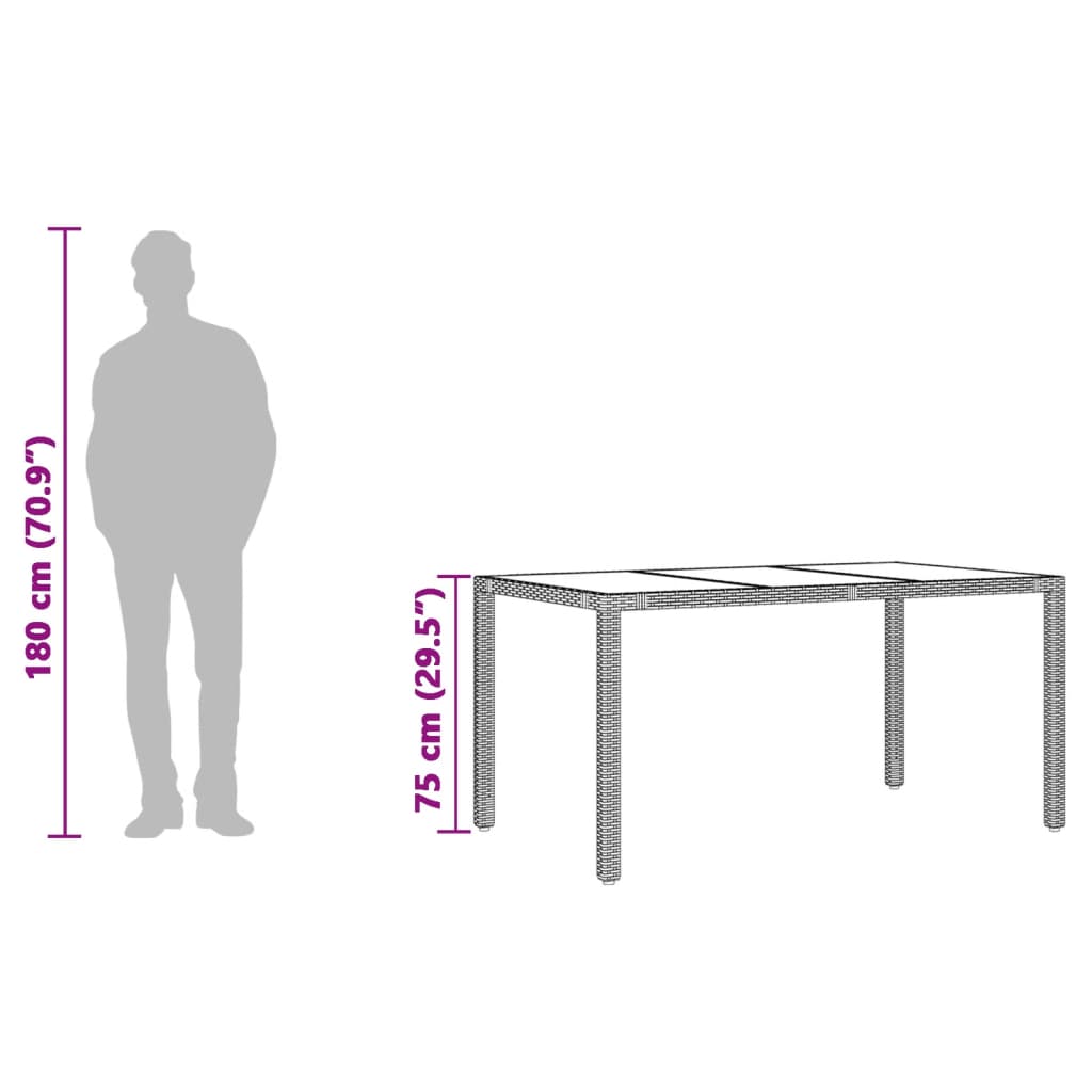 vidaXL Vrtna miza s stekleno ploščo siva 150x90x75 cm poli ratan