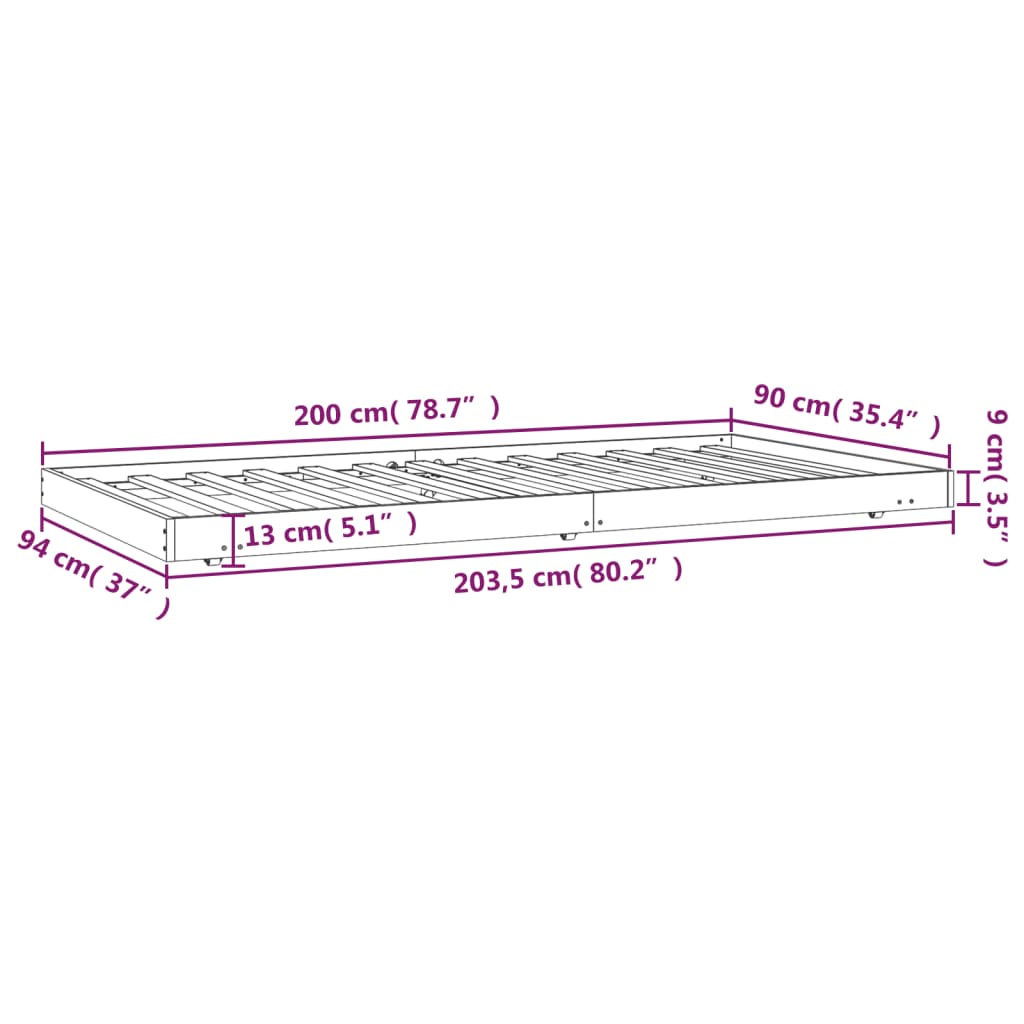 vidaXL Posteljni okvir brez vzmetnice 90x200 cm trdna borovina