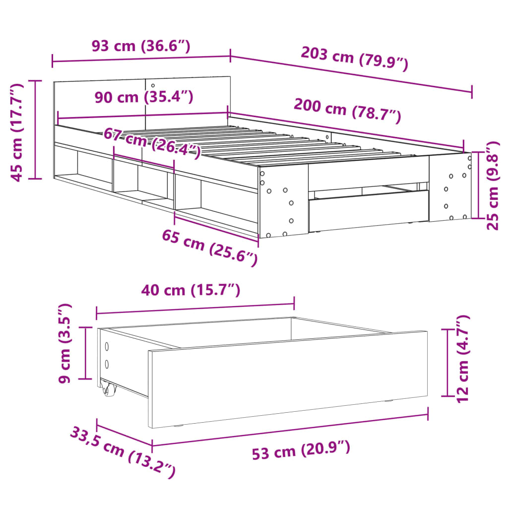 vidaXL Posteljni okvir s predalom sonoma hrast 90x200 cm inž. les