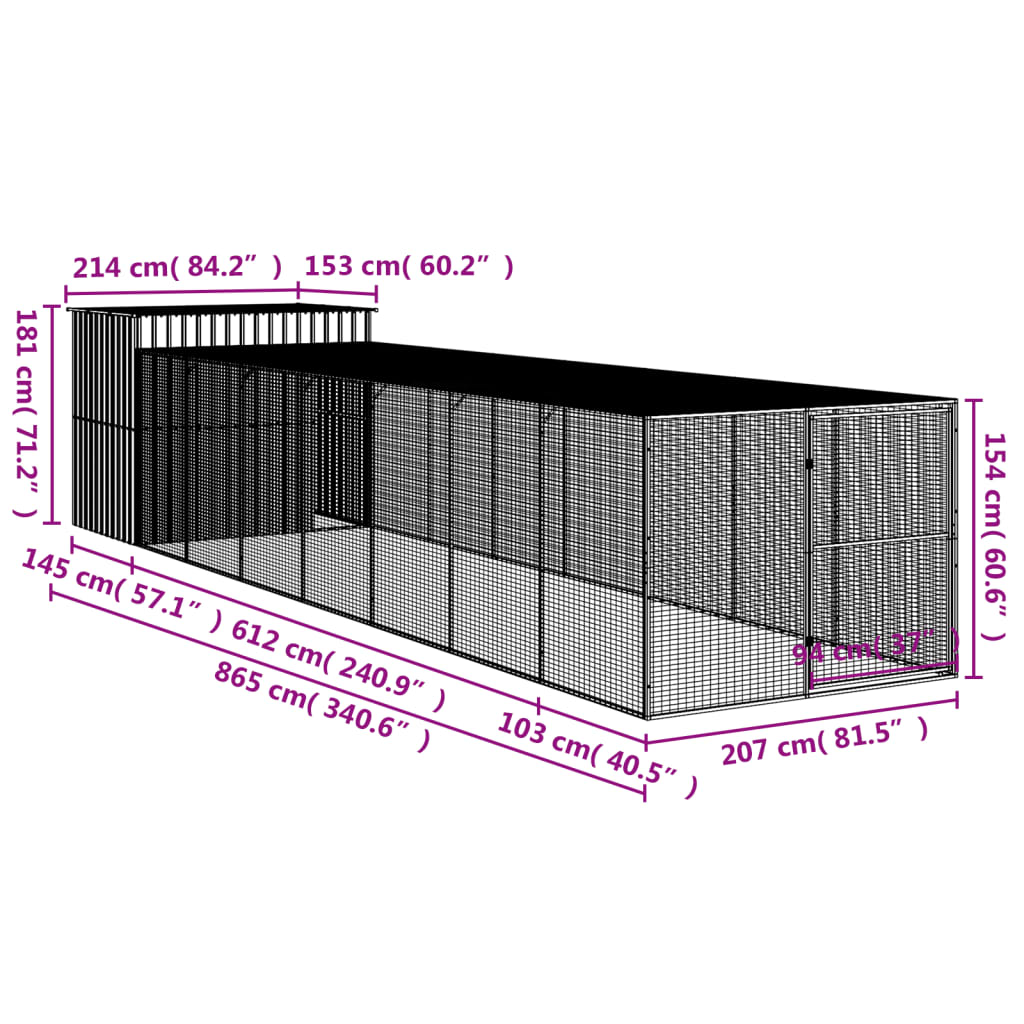 vidaXL Pasja uta z izhodom svetlo siva 214x865x181 cm pocinkano jeklo