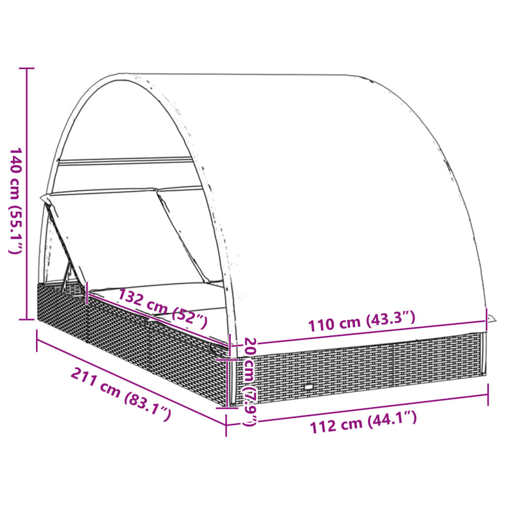 vidaXL Vrtni ležalnik za 2 osebi s streho rjav 211x112x140cm poliratan