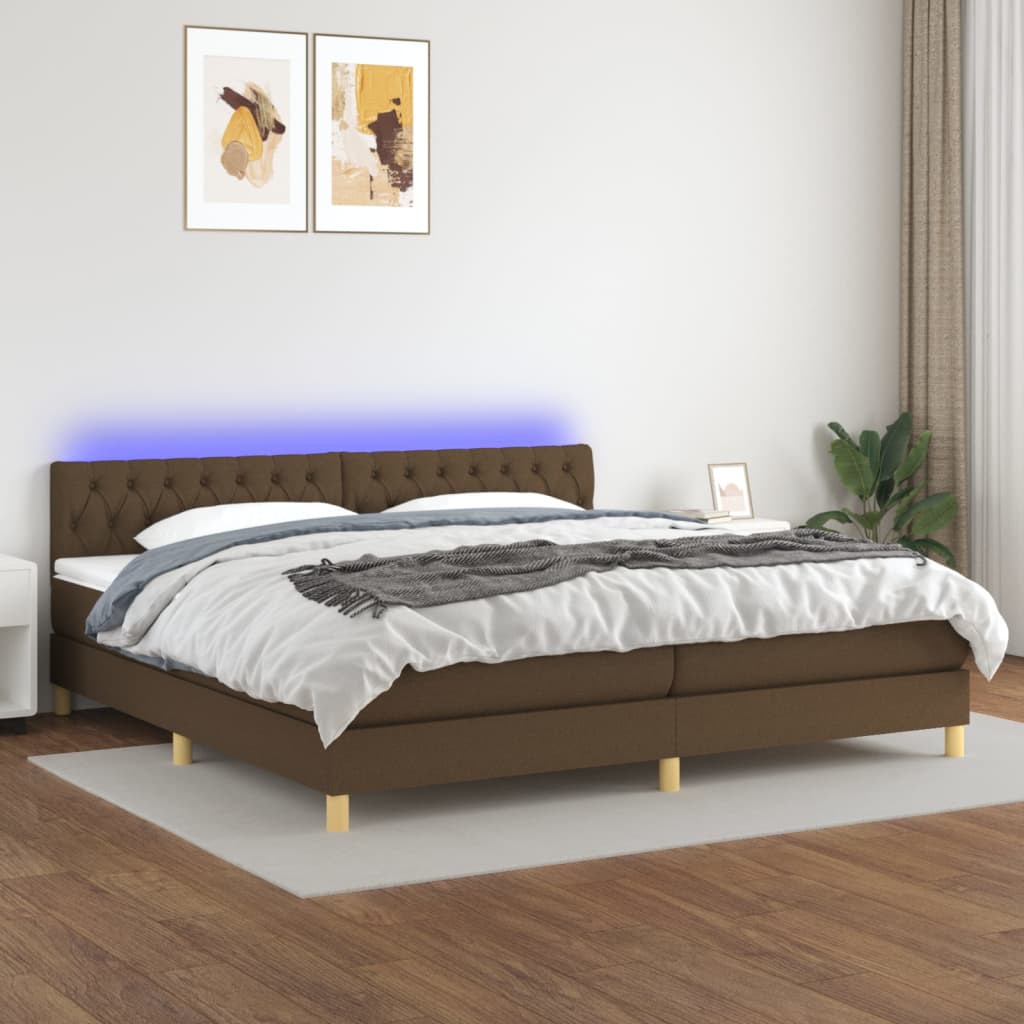 vidaXL Box spring postelja z vzmetnico LED temno rjava 200x200cm blago