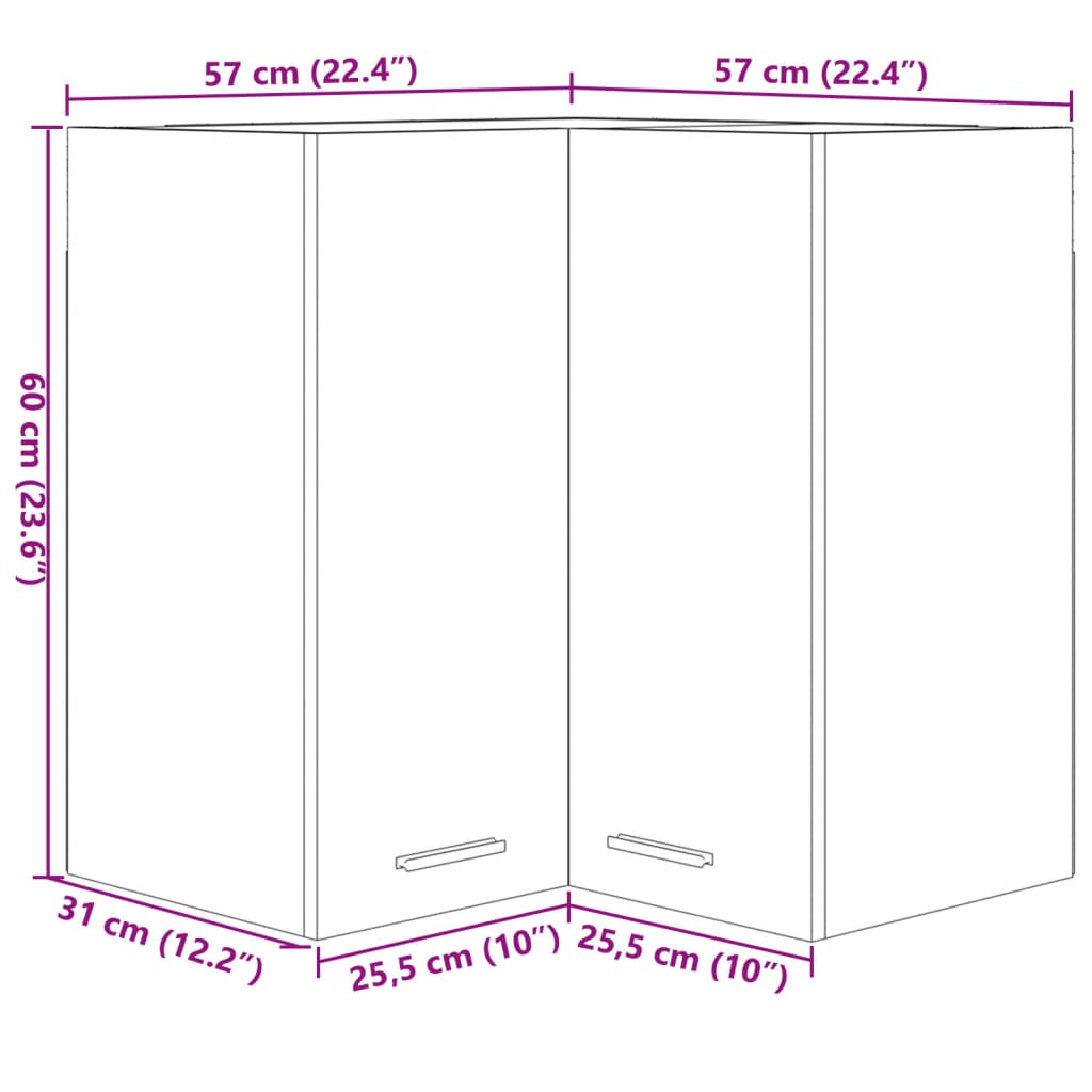 vidaXL Viseča kotna omarica sonoma hrast 57x57x60 cm iverna plošča