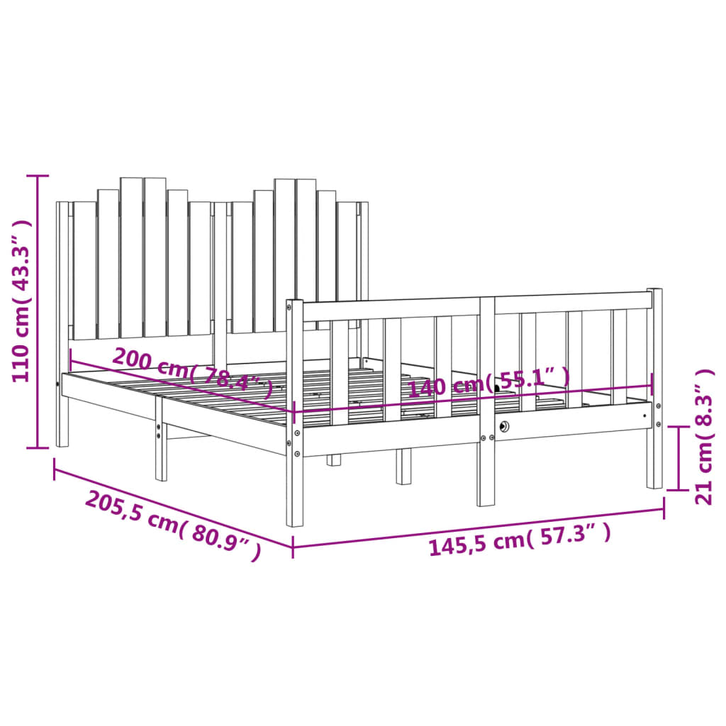 vidaXL Posteljni okvir z vzglavjem črn 140x200 cm trden les