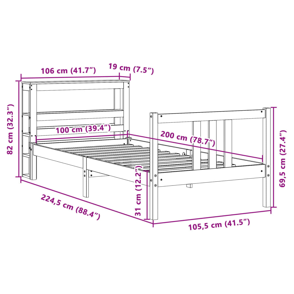 vidaXL Posteljni okvir z vzglavjem bel 100x200 cm trdna borovina