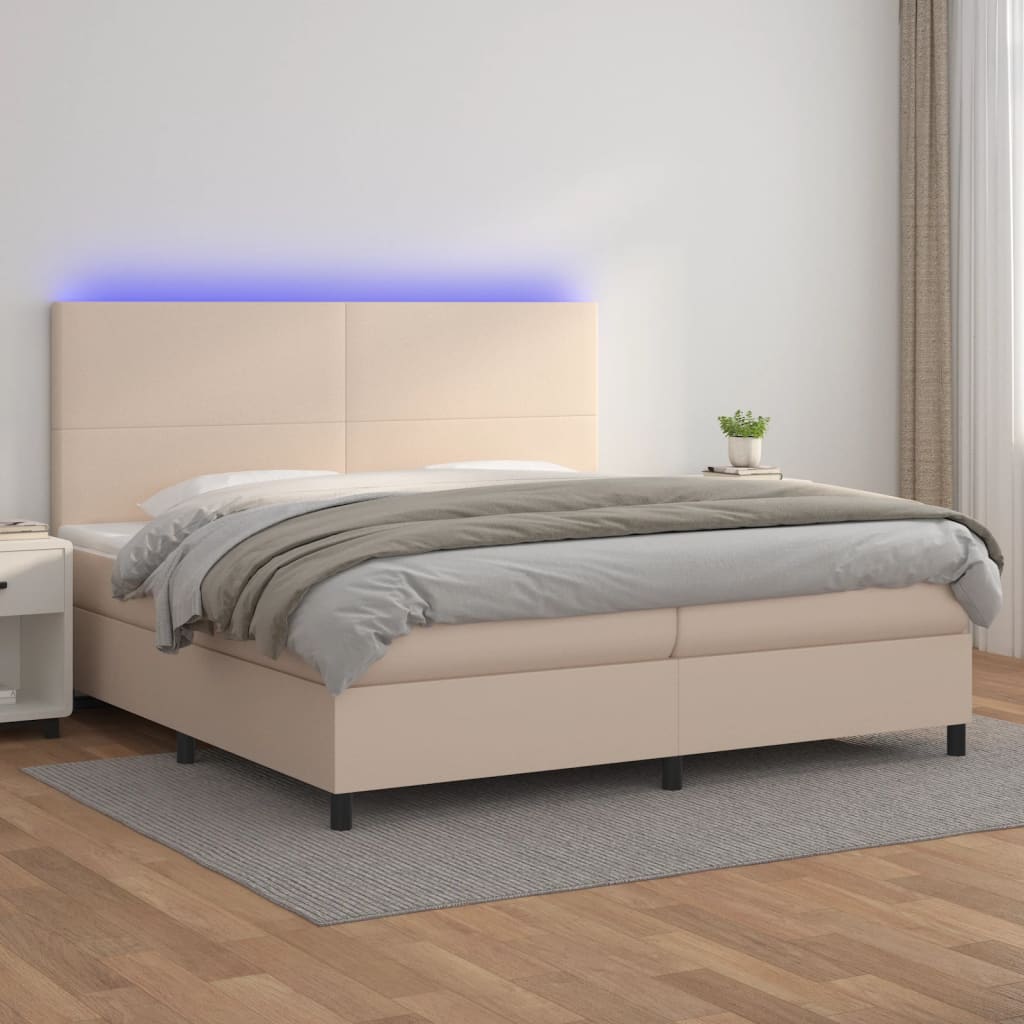 vidaXL Box spring postelja vzmetnico LED kapučino 200x200 cm um. usnje