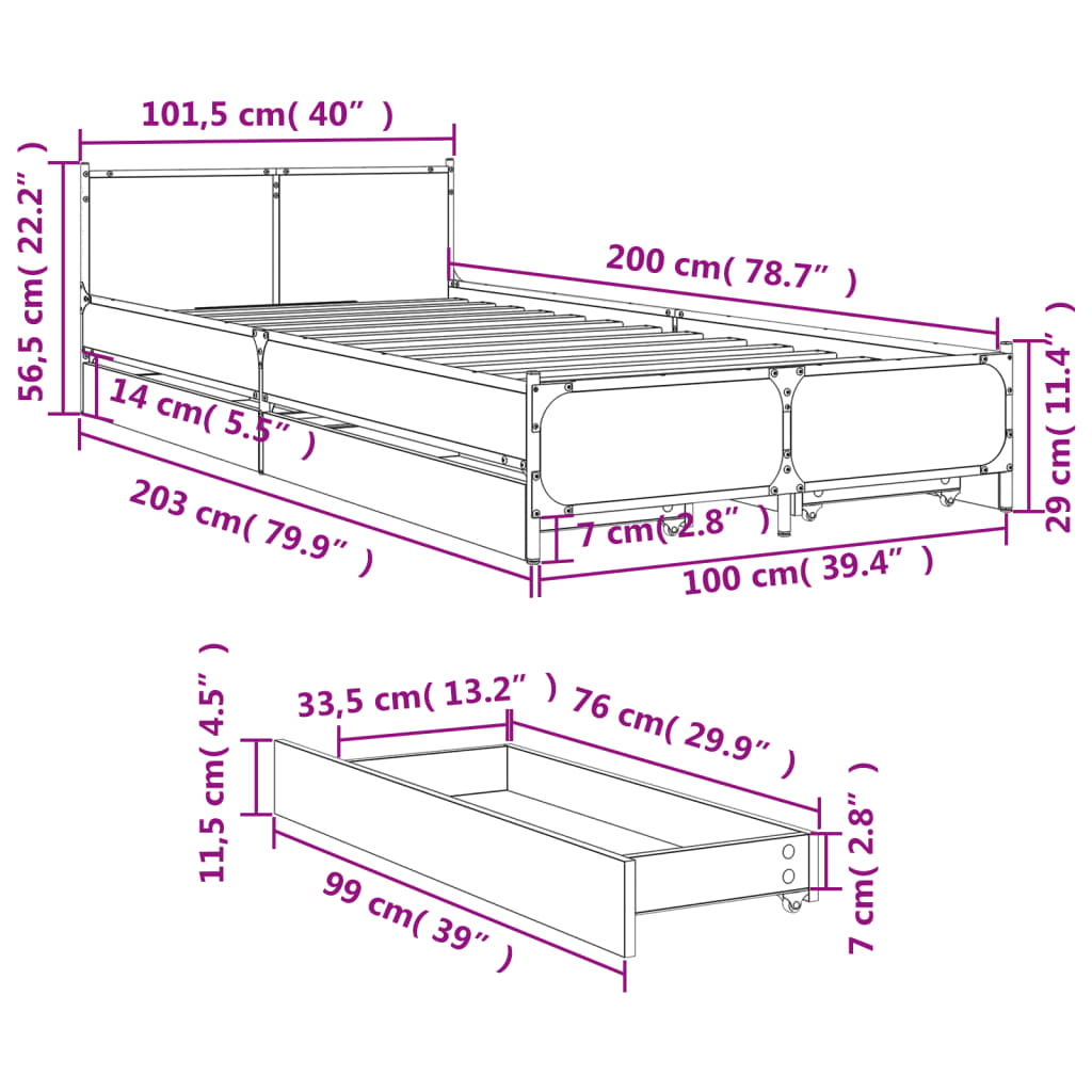 vidaXL Posteljni okvir s predali siva sonoma 100x200 cm inženirski les