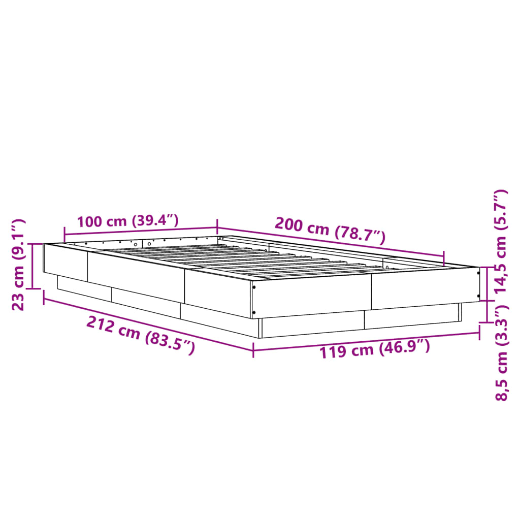 vidaXL Posteljni okvir z LED lučkami betonsko siv 100x200 cm inž. les