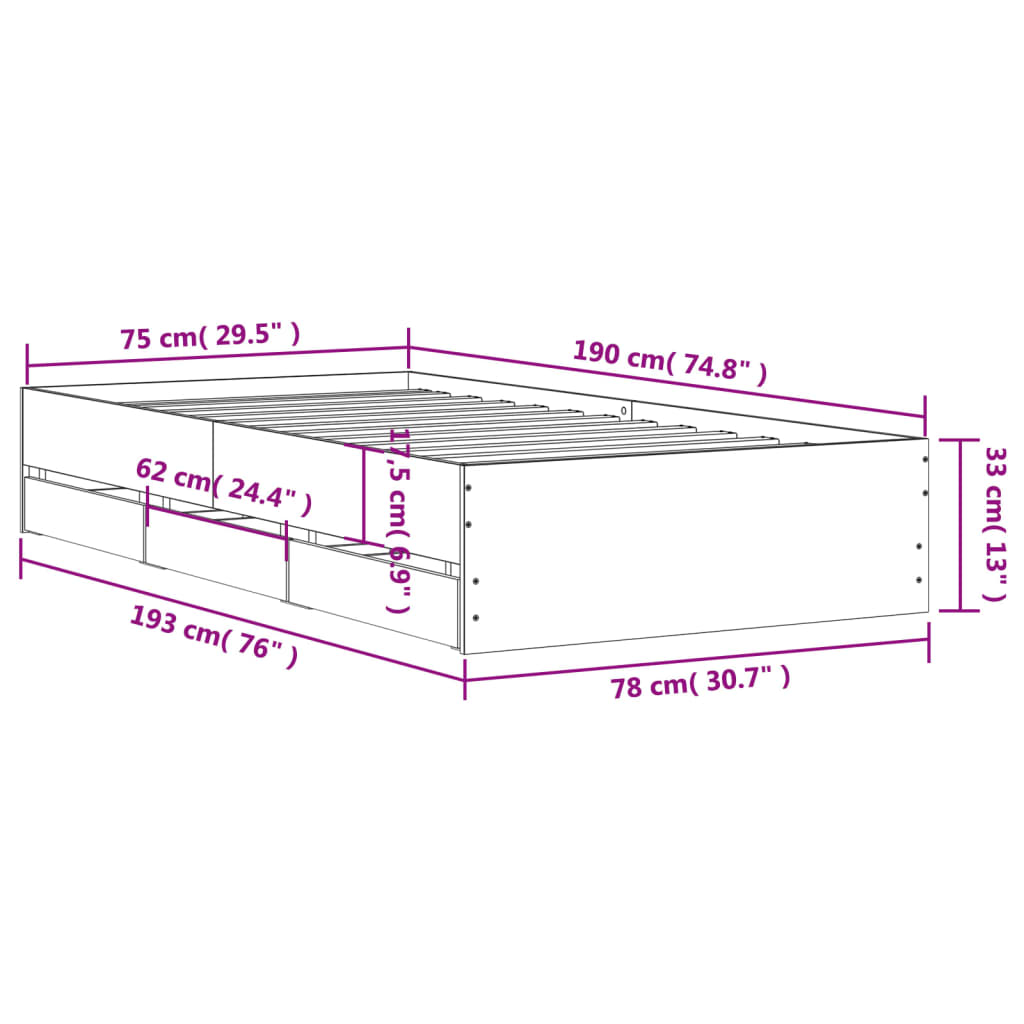 vidaXL Posteljni okvir s predali rjavi hrast 75x190 cm inž. les