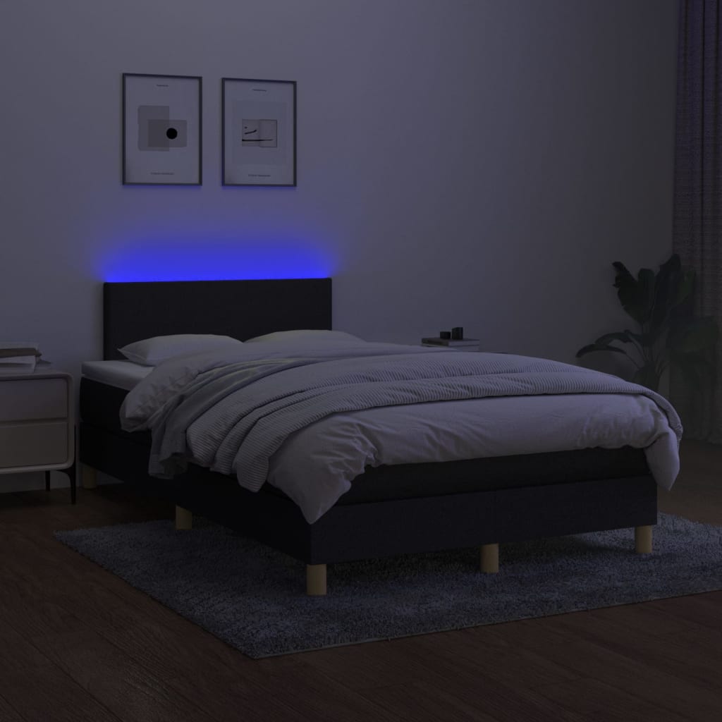 vidaXL Box spring postelja z vzmetnico LED črna 120x200 cm blago