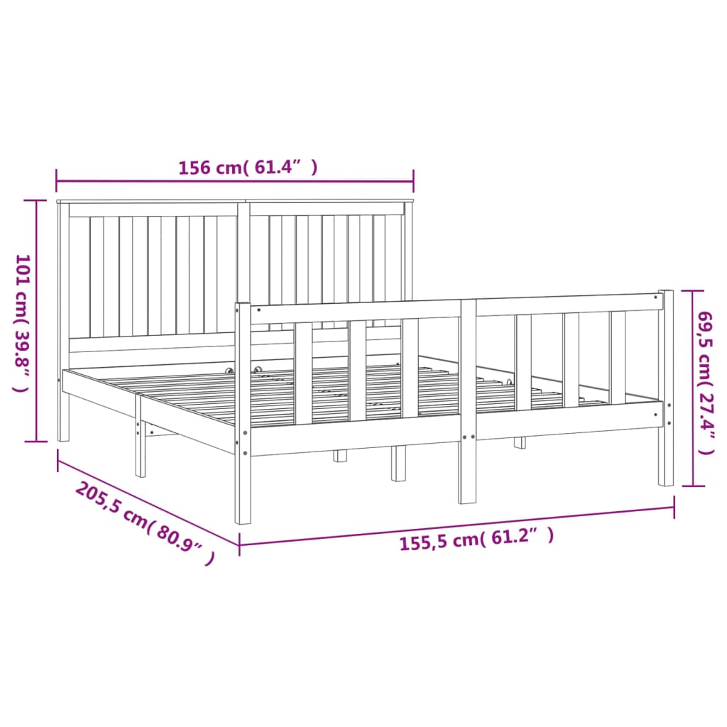 vidaXL Posteljni okvir z vzglavjem siv 150x200 cm trdna borovina