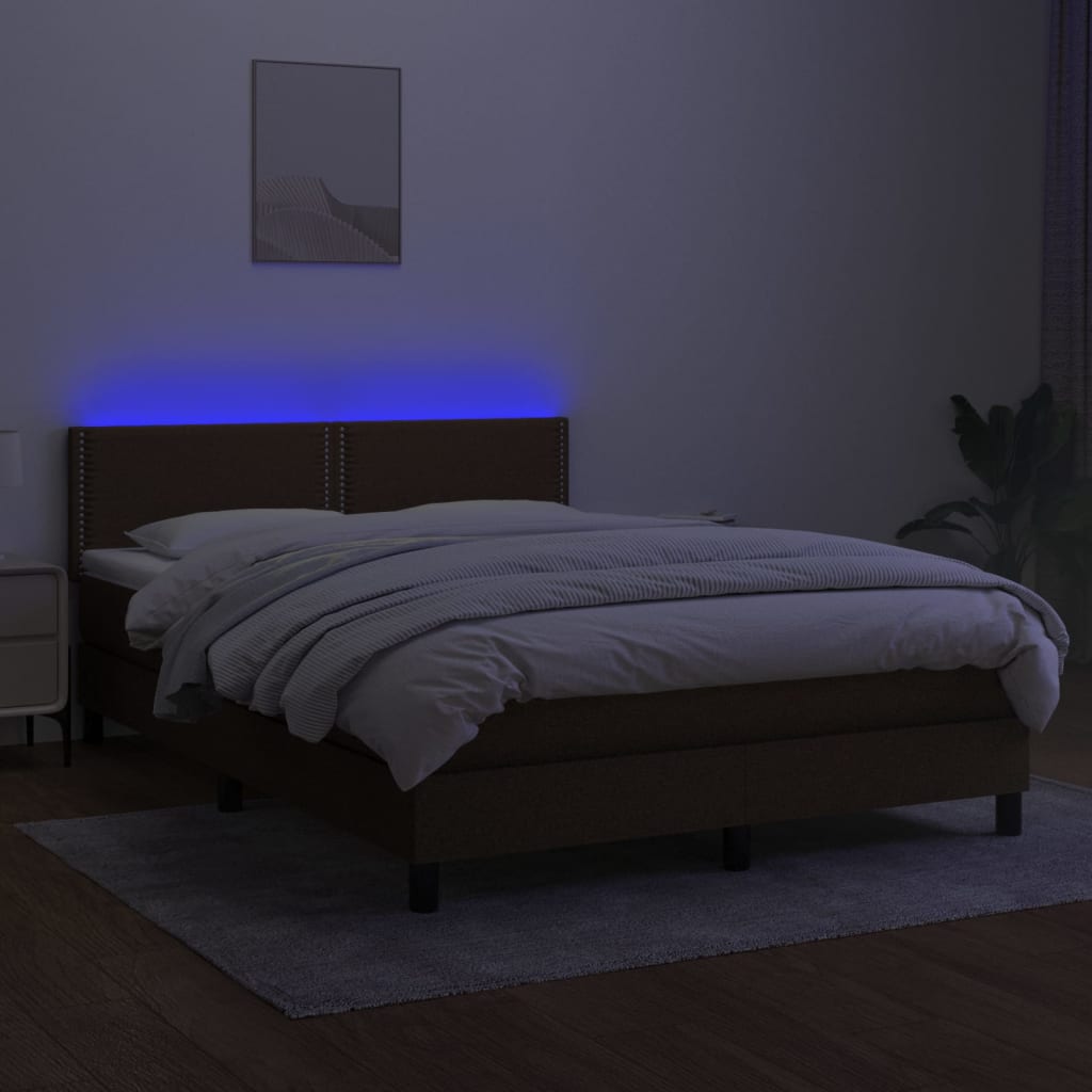 vidaXL Box spring postelja z vzmetnico LED temno rjava 140x200cm blago