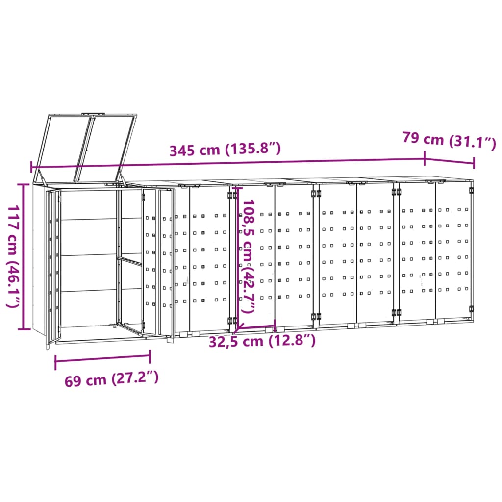 vidaXL Lopa za smetnjak za 5 smetnjakov črna 345x79x117 cm jeklo