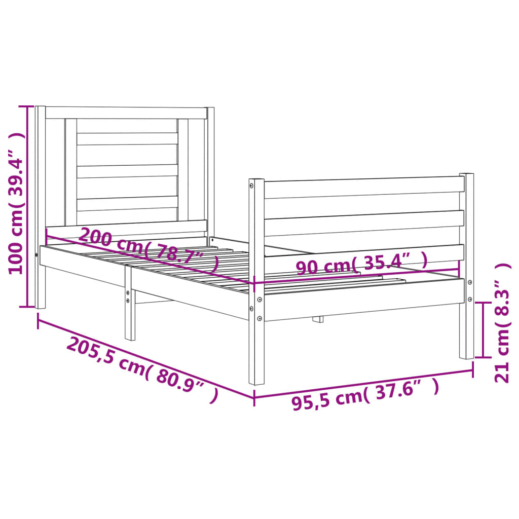 vidaXL Posteljni okvir z vzglavjem bel 90x200 cm trden les