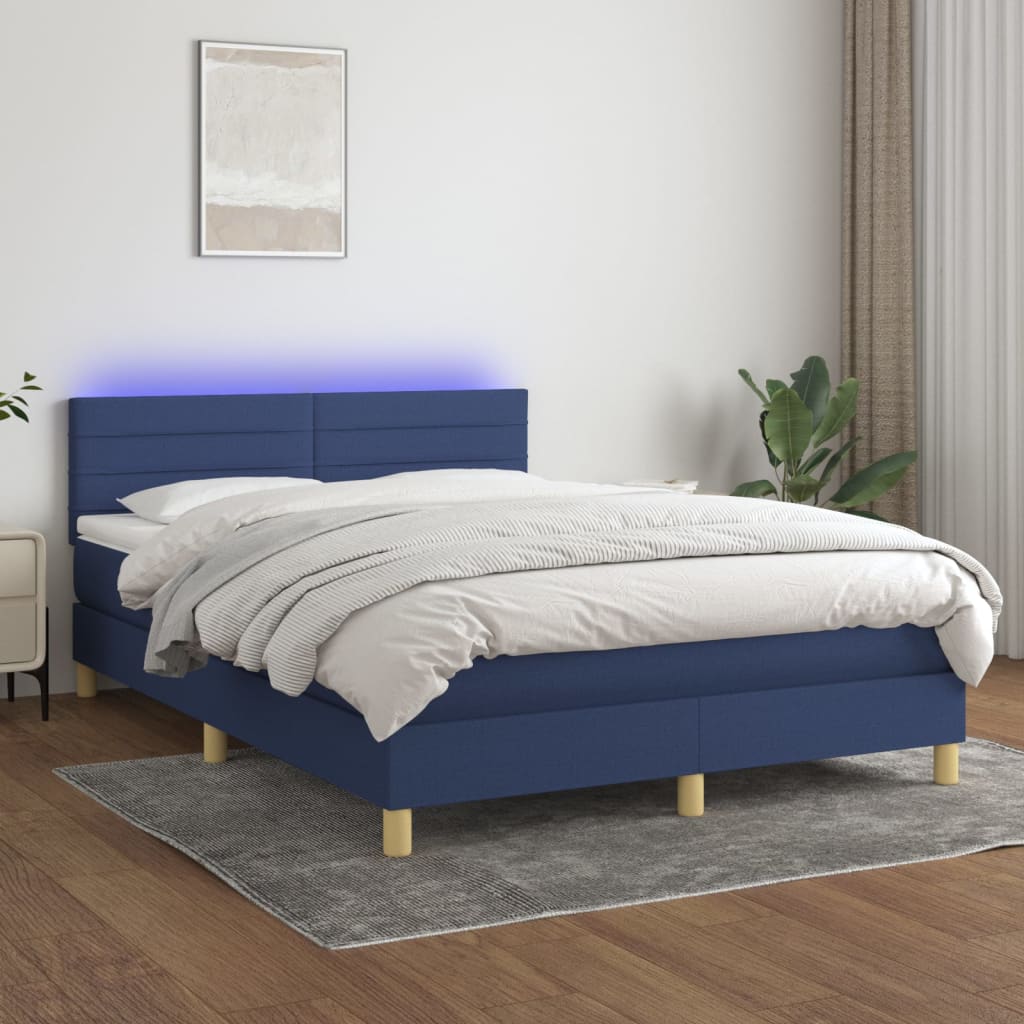 vidaXL Box spring postelja z vzmetnico LED modra 140x200 cm blago