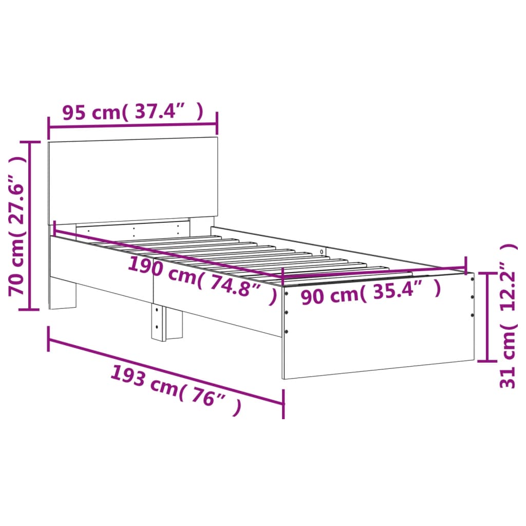 vidaXL Posteljni okvir z vzglavjem in LED siva sonoma 90x190 cm