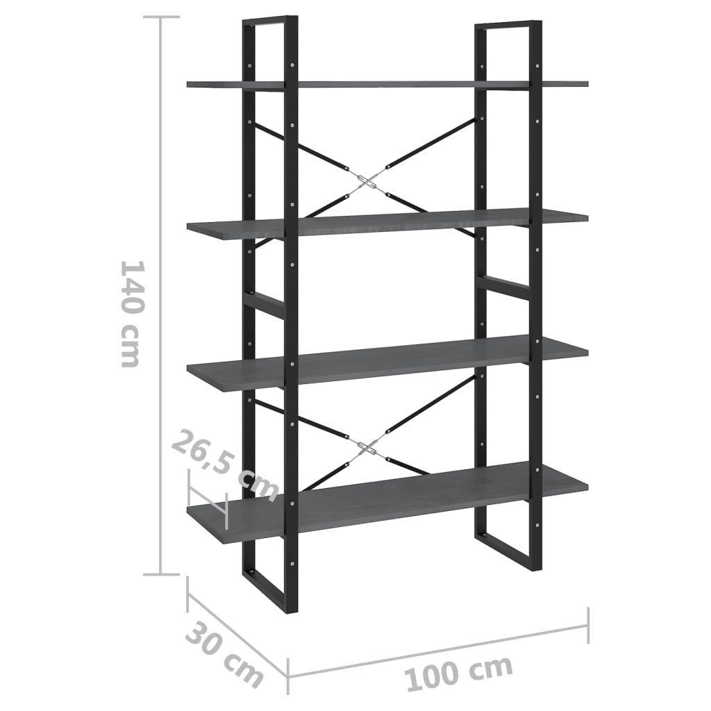 vidaXL Knjižna omara 4-nadstropna siva 100x30x140 cm trdna borovina