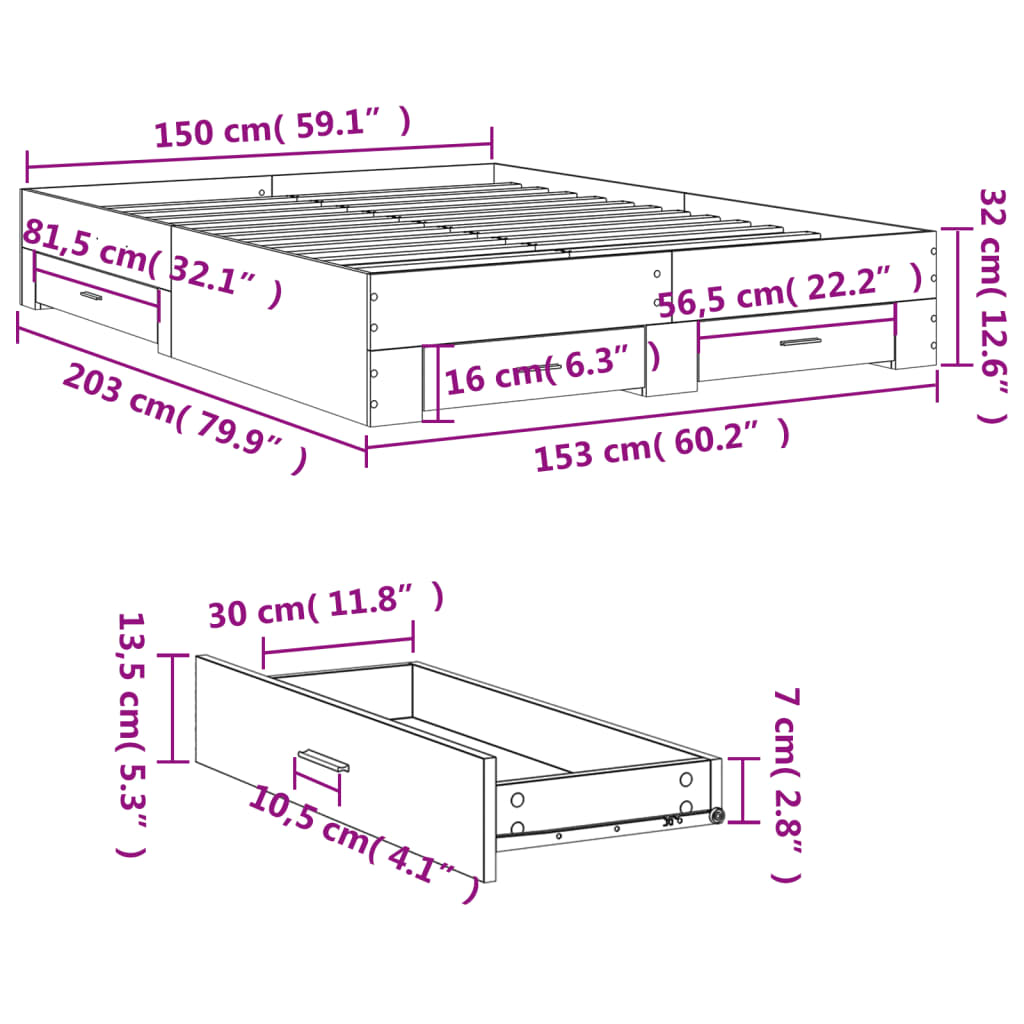 vidaXL Posteljni okvir s predali dimljen hrast 150x200 cm inž. les