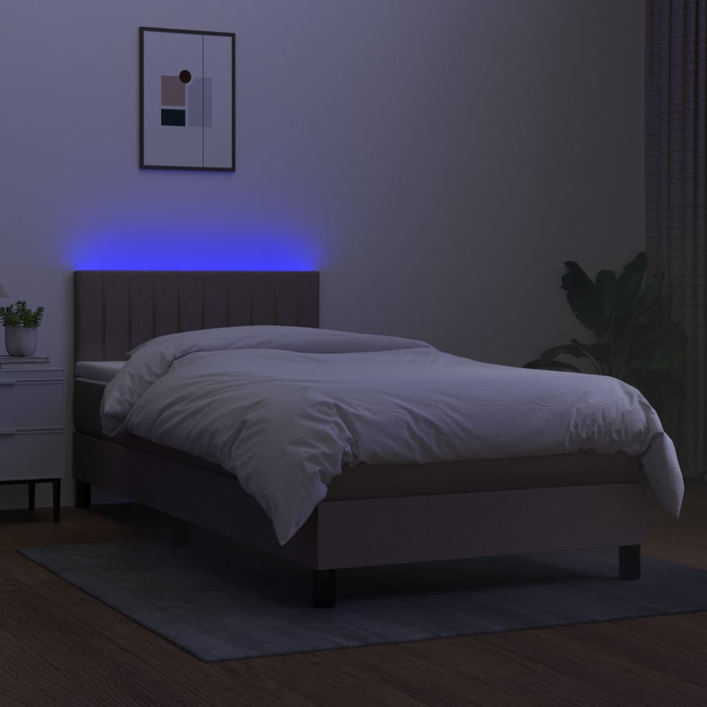 vidaXL Box spring postelja z vzmetnico LED taupe 90x200 cm blago