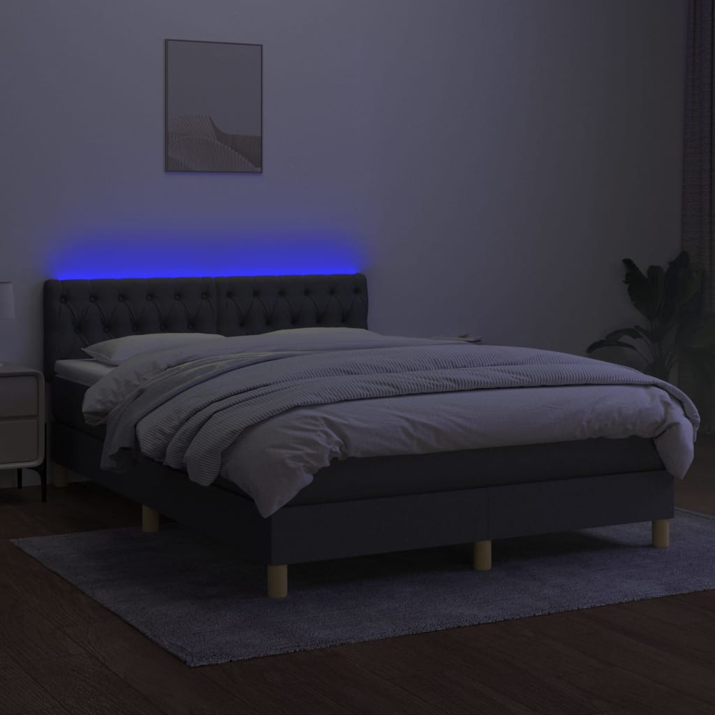 vidaXL Box spring postelja z vzmetnico LED temno siva 140x200 cm blago