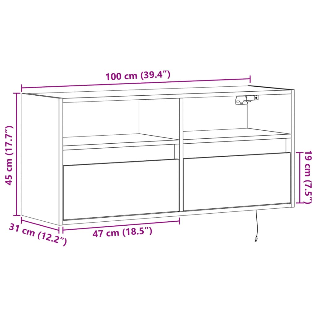 vidaXL Stenska TV omarica z LED lučkami sonoma hrast 100x31x45 cm