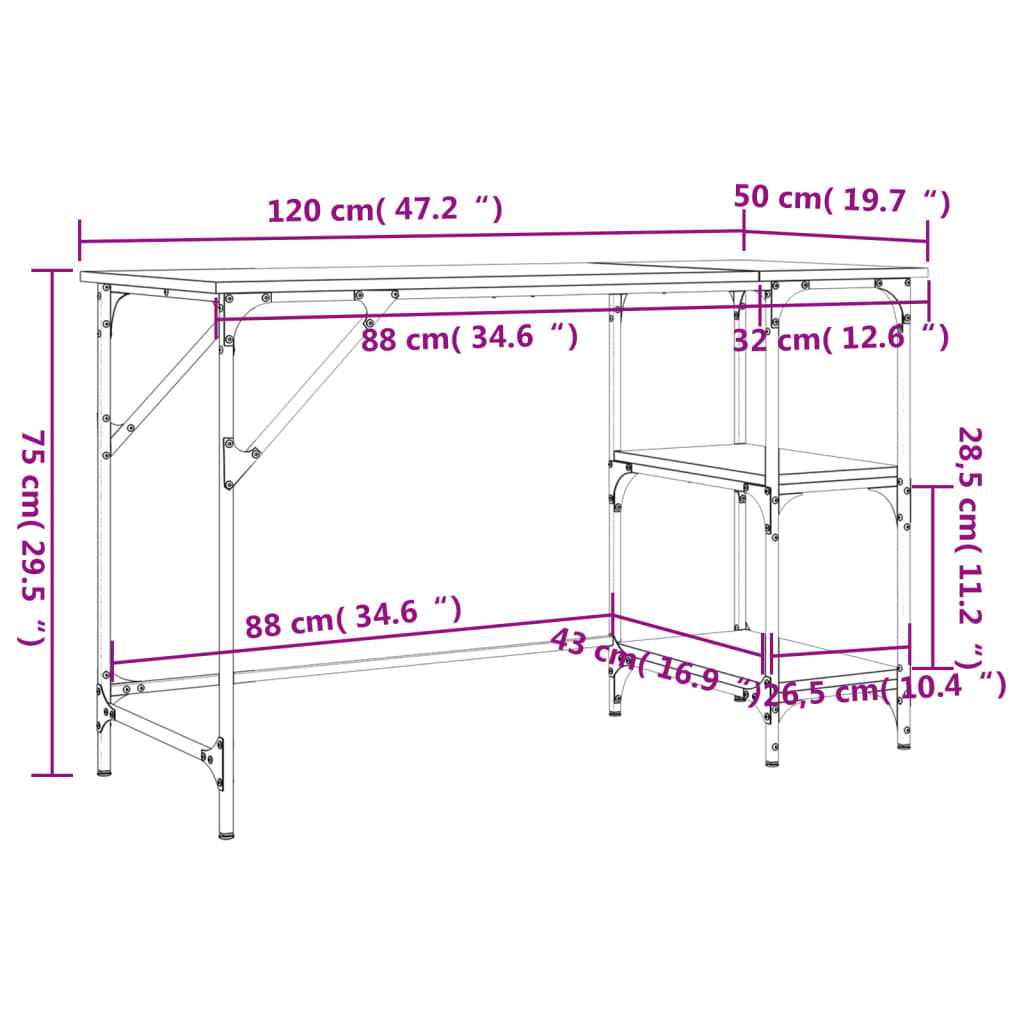 vidaXL Pisalna miza rjavi hrast 120x50x75 cm kovina in inženirski les