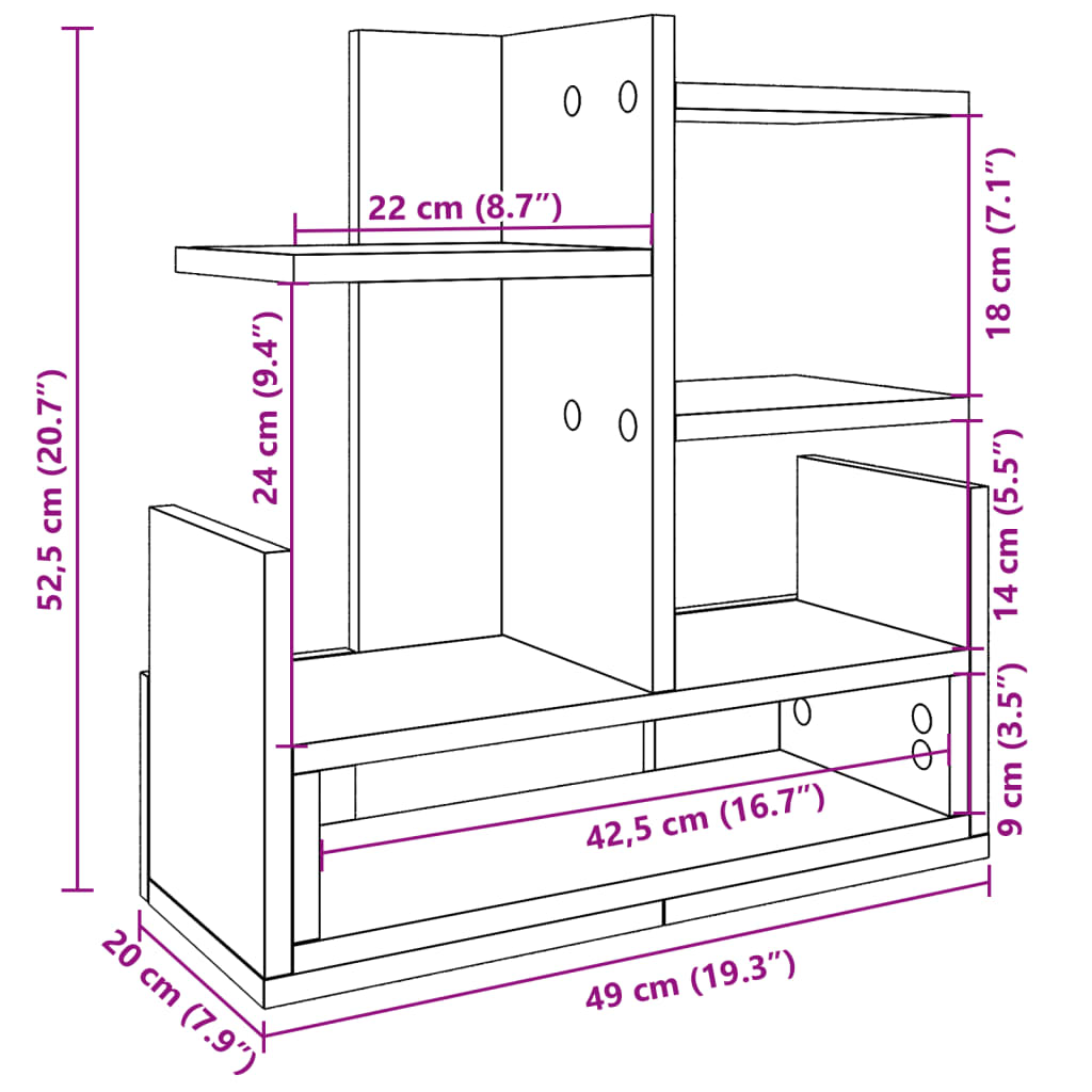 vidaXL Organizator za pisalno mizo sonoma hrast 49x20x52,5 cm inž. les