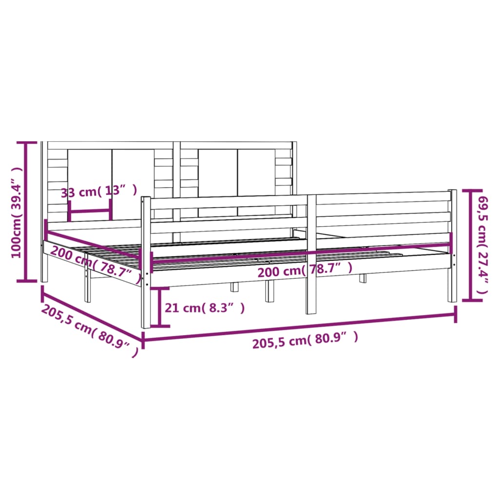 vidaXL Posteljni okvir črn iz trdne borovine 200x200 cm