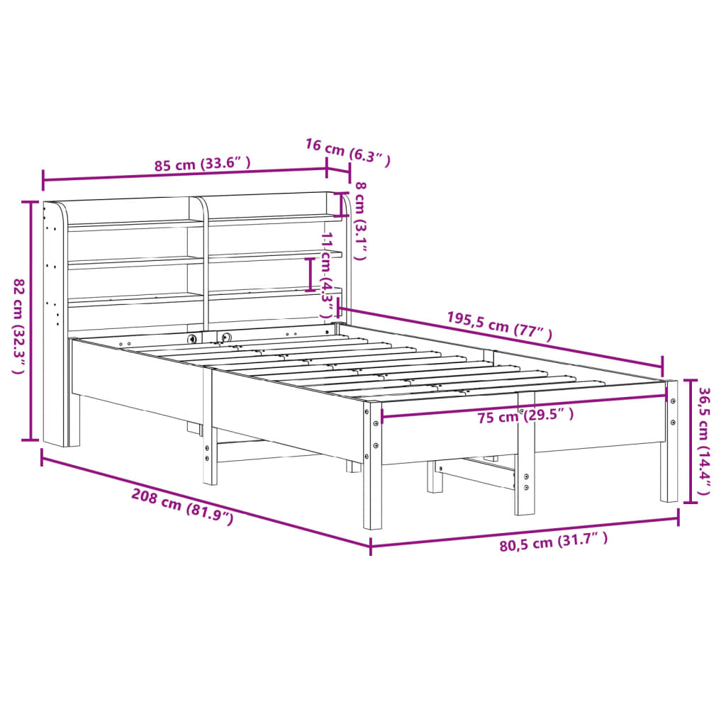 vidaXL Posteljni okvir brez vzmetnice bel 75x190 cm trdna borovina