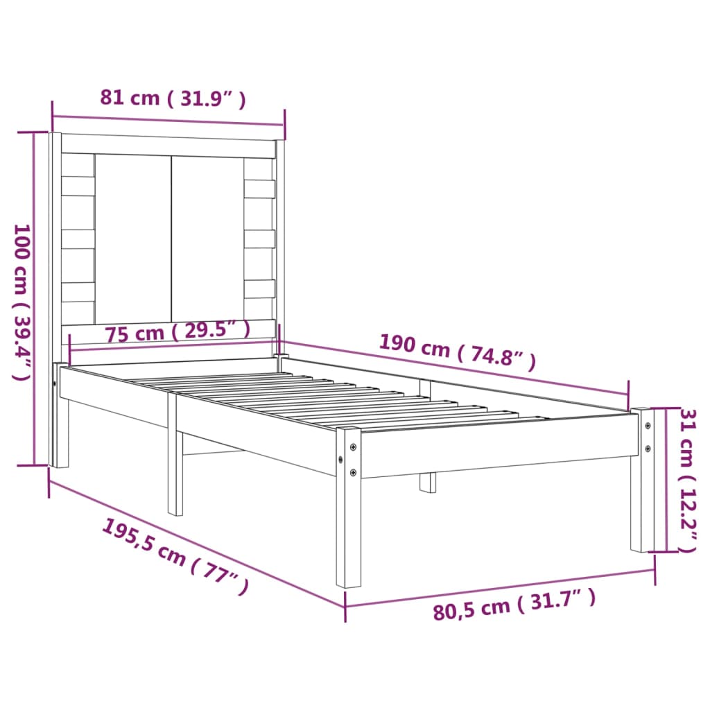 vidaXL Posteljni okvir bel iz trdnega lesa 75x190 cm