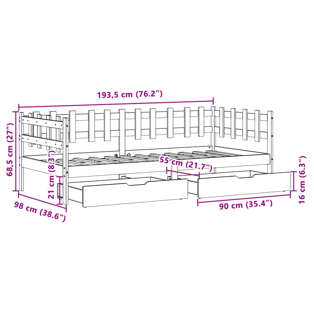 vidaXL Dnevna postelja s predali bela 90x190 cm trdna borovina