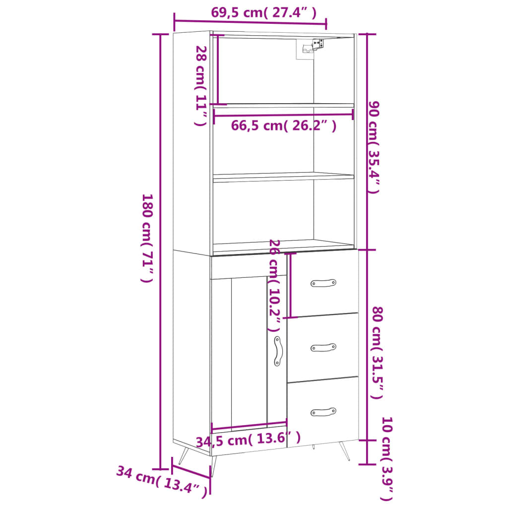 vidaXL Visoka omara bela 69,5x34x180 cm inženirski les