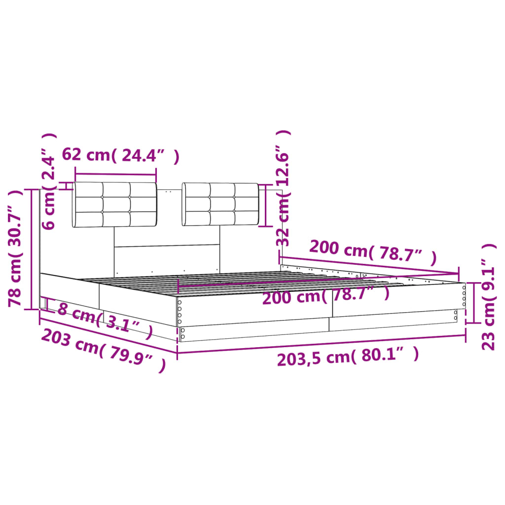 vidaXL Posteljni okvir z vzglavjem in LED sonoma hrast 200x200 cm