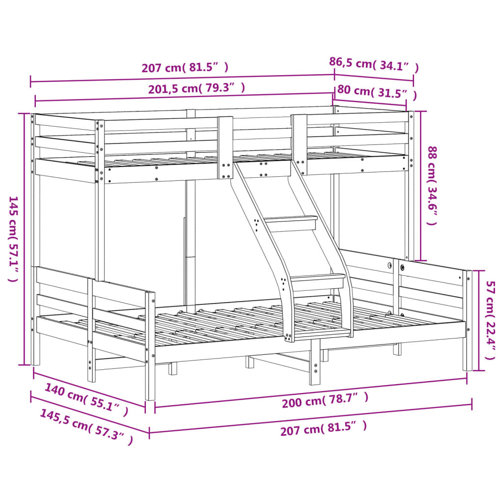 vidaXL Pograd 80×200/140x200 cm bel trdna borovina