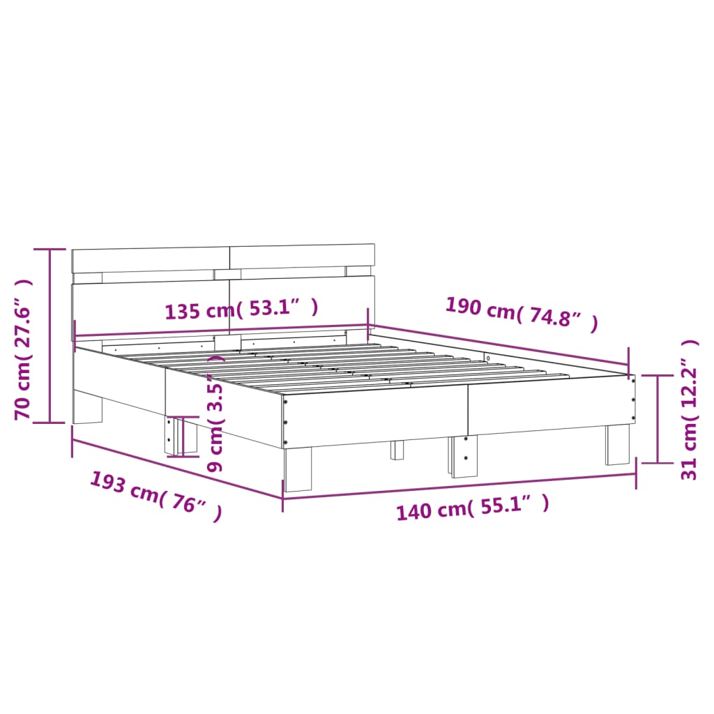 vidaXL Posteljni okvir z vzglavjem in LED rjavi hrast 135x190 cm