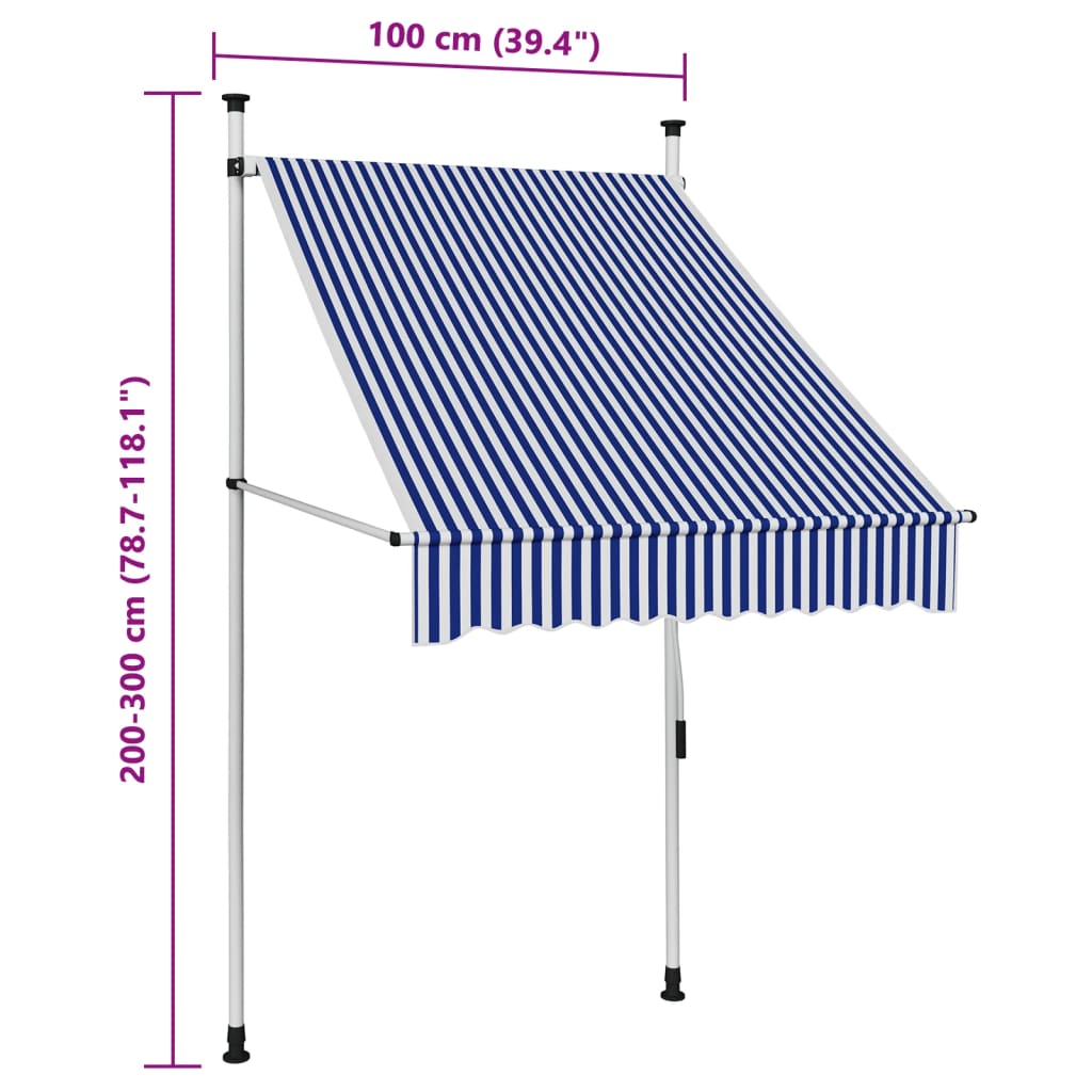 vidaXL Ročno zložljiva tenda 100 cm modre in bele črte