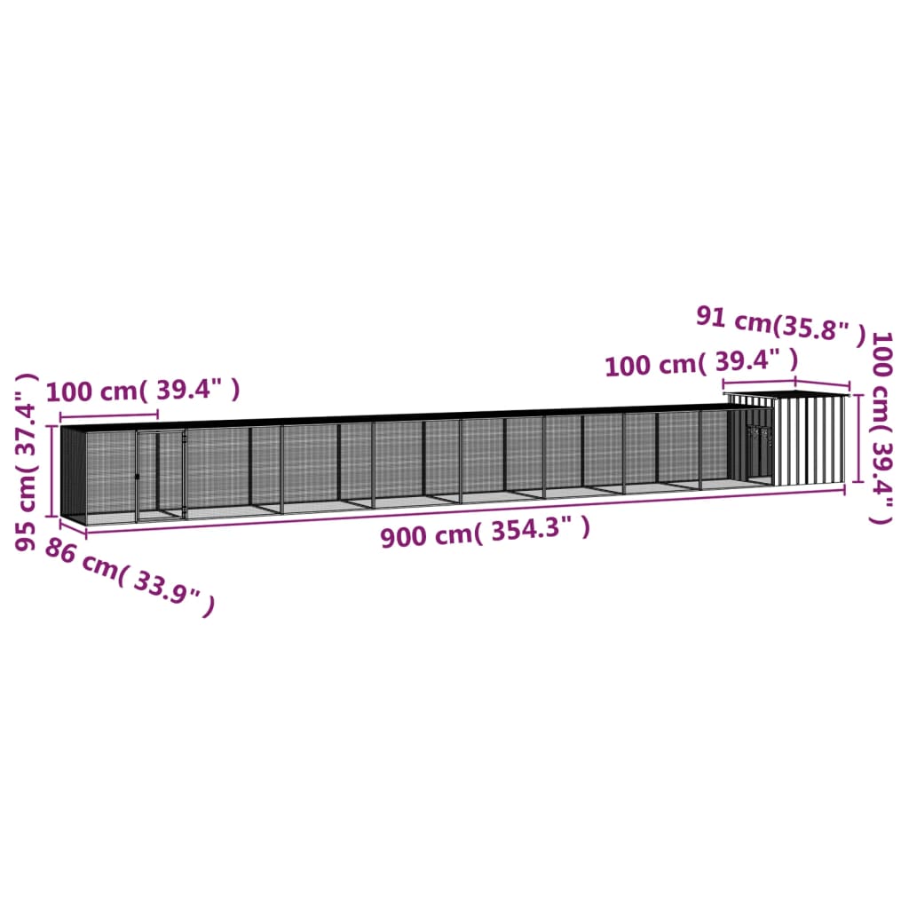 vidaXL Kokošnjak siv 900x91x100 cm pocinkano jeklo